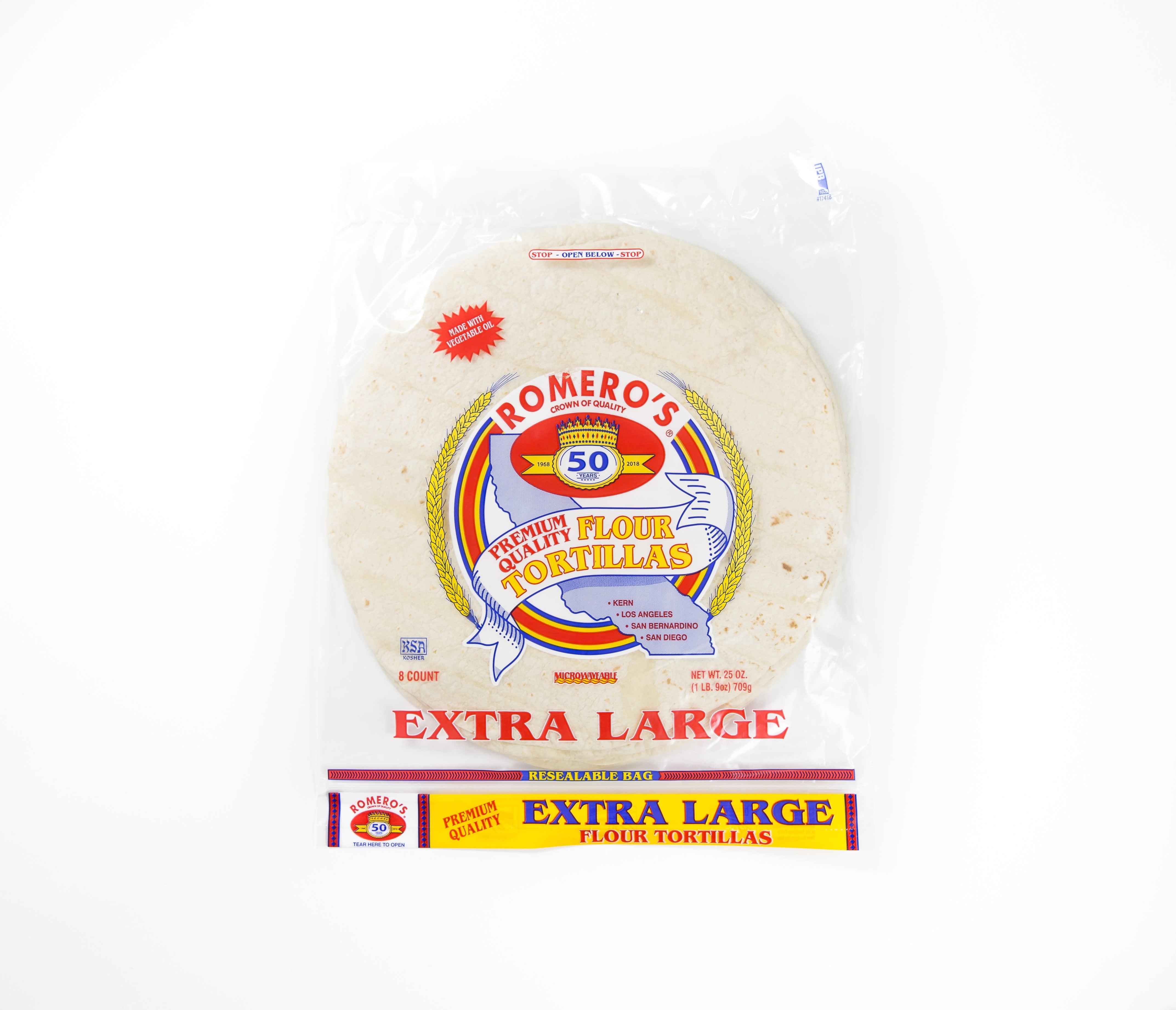 Romero's Premium Quality Flour Tortillas Extra-Large, 8 Count, 25 oz Bag