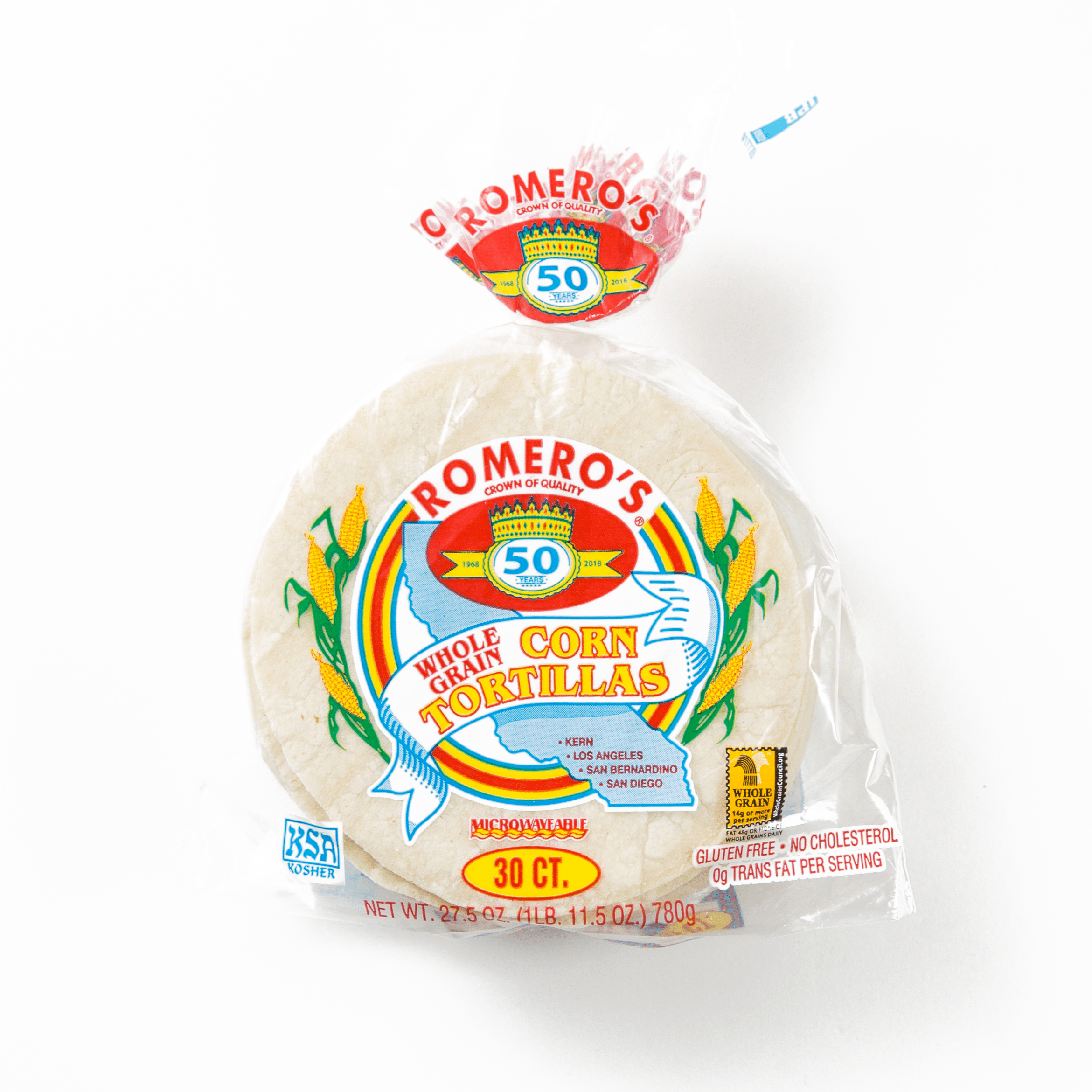 Romero's Whole Grain White Corn Tortillas, (30 Count), 27.5 oz Bag