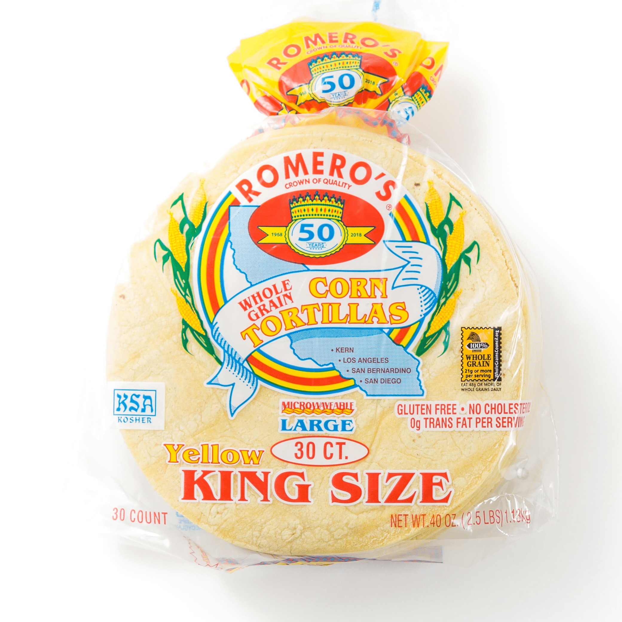 Romero's Whole Grain Corn Tortillas Yellow Large King Size, 30 Count, 40 oz bag