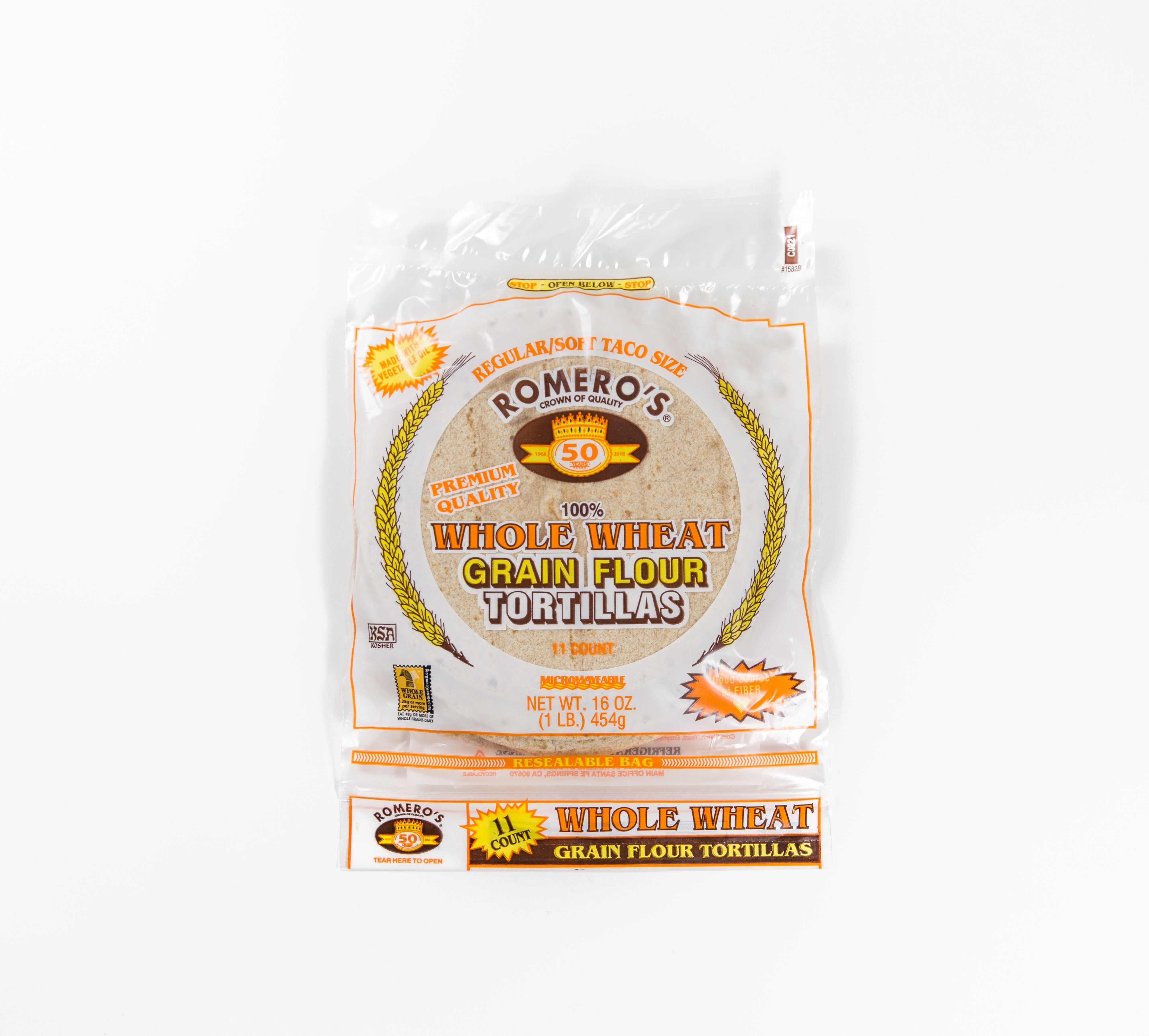 Romero's Whole Wheat Grain Tortilla (10 Count), 16 oz Bag