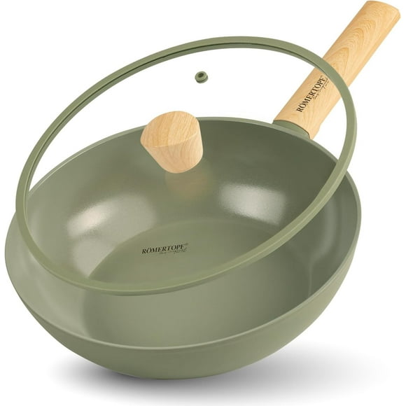 11" Ceramic Non Stick Wok with Lid Induction Compatible, Flat Bottom, Large