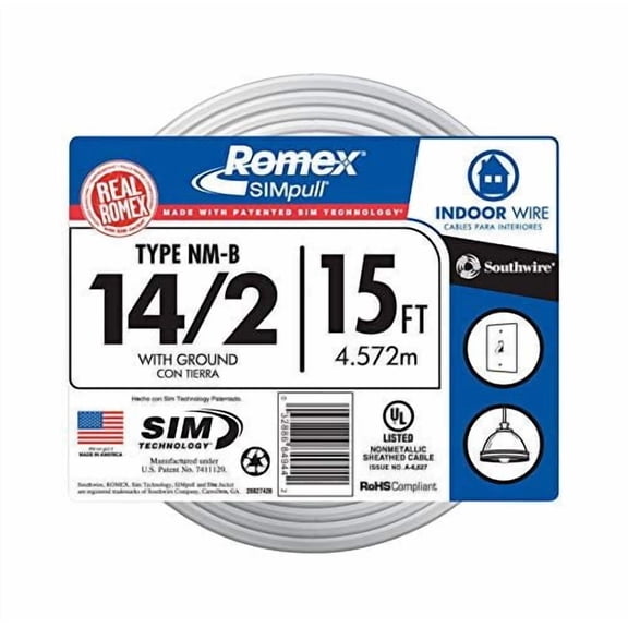 Southwire Romex Electrical Wire 14/2 NMW/G - Copper, PVC, UL Listed - 1 Piece, 15' — Indoor & Outdoor Use, NEC-Compliant