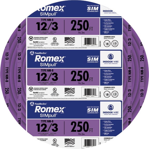 Romex SIMpull NM-B Non-Metallic Sheathed Cable with Ground Wire - 12 AWG, 250 Ft, Yellow