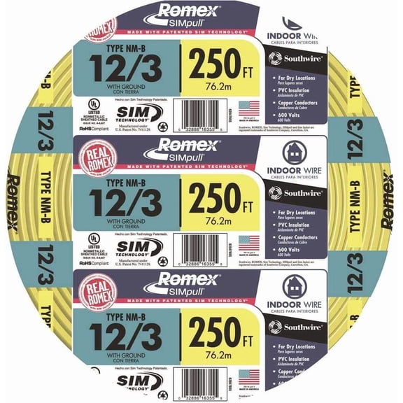 Romex SIMpull NM-B Non-Metallic Sheathed Cable with Ground Wire - 12 AWG, 250 Ft, Yellow