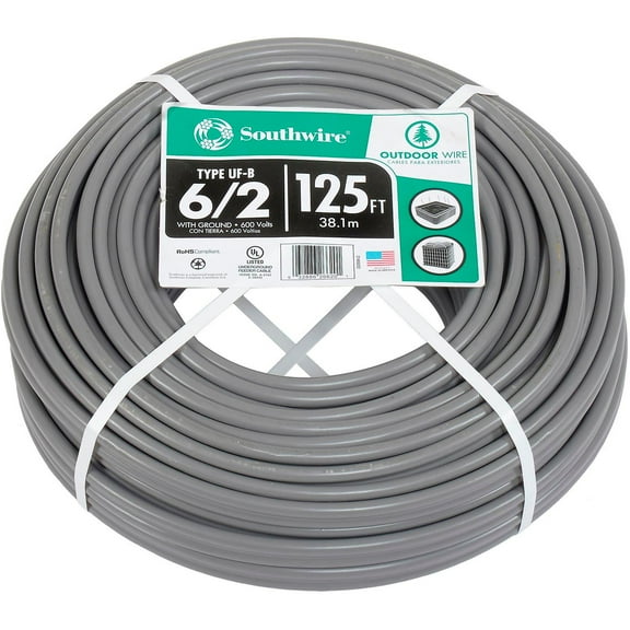 Romex SIMpull Type UF-B Building Wire, 6/2, 125', PVC Southwire Company Gray