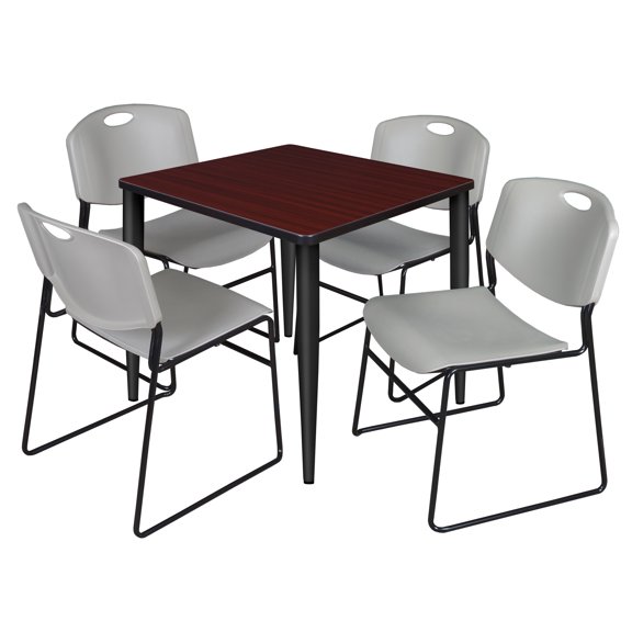Romig Arco 30 in. Square Breakroom Table- Mahogany Top, Black Base & 4 Zeng Stack Chairs- Grey