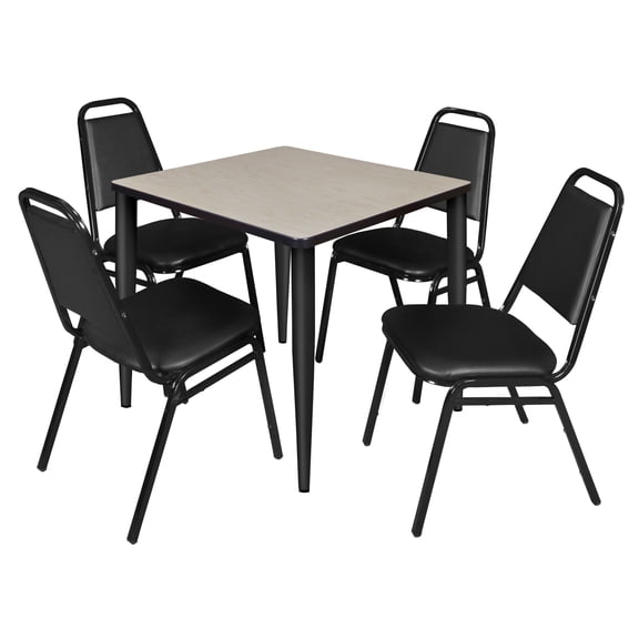 Romig Arco 30 in. Square Breakroom Table- Maple Top, Black Base & 4 Restaurant Stack Chairs- Black