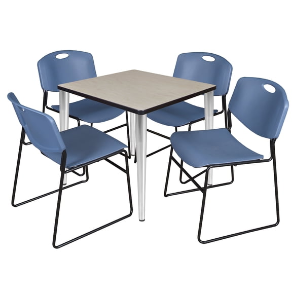 Romig Arco 30 in. Square Breakroom Table- Maple Top, Chrome Base & 4 Zeng Stack Chairs- Blue
