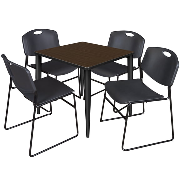 Romig Arco 30 in. Square Breakroom Table- Neo Walnut Top, Black Base & 4 Zeng Stack Chairs- Black