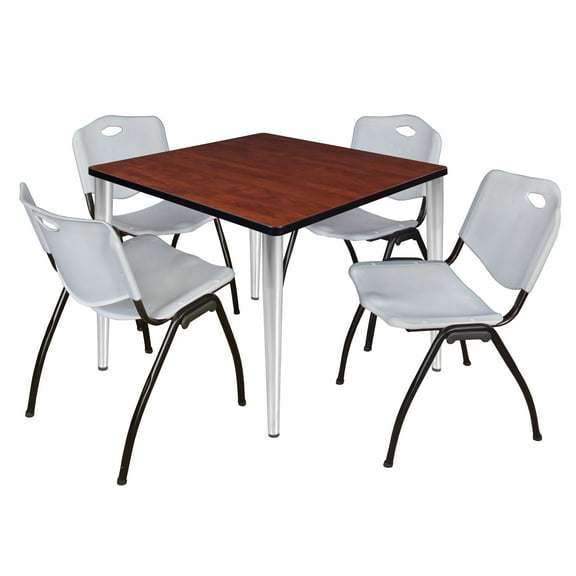 Romig Arco 36 in. Square Breakroom Table- Cherry Top, Chrome Base & 4 M Stack Chairs- Grey