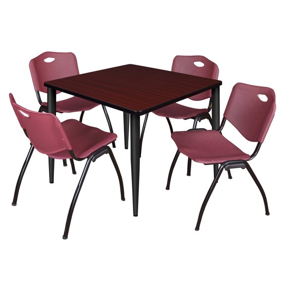 Romig Arco 36 in. Square Breakroom Table- Mahogany Top, Black Base & 4 M Stack Chairs- Burgundy