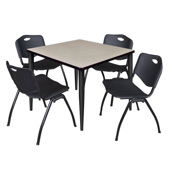 Romig Arco 36 in. Square Breakroom Table- Maple Top, Black Base & 4 M Stack Chairs- Black