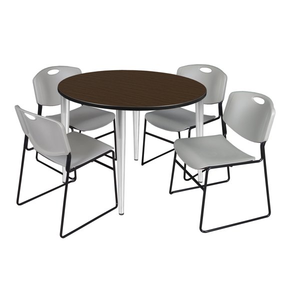 Romig Arco 48 in. Round Breakroom Table- Neo Walnut Top, Chrome Base & 4 Zeng Stack Chairs- Grey