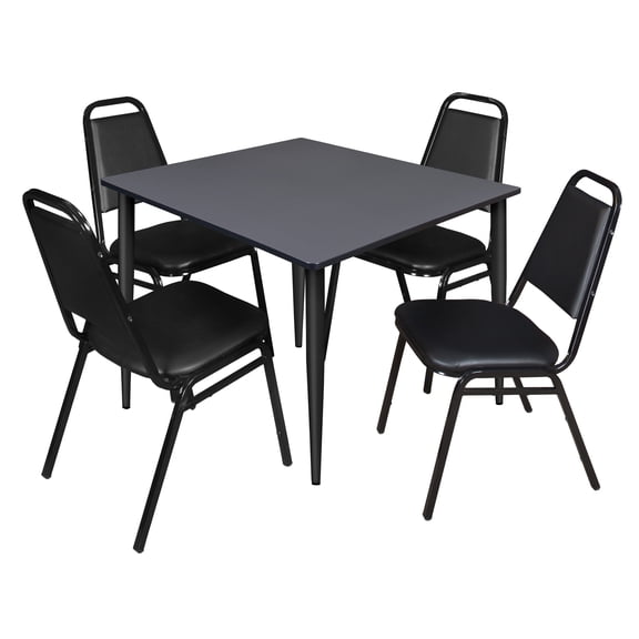Romig Arco 48 in. Square Breakroom Table- Grey Top, Black Base & 4 Restaurant Stack Chairs- Black