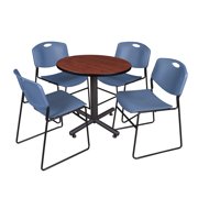 Romig Axis-Pro 30 in. Round X-Base Breakroom Table- Cherry, 4 Zeng Stack Chairs- Blue