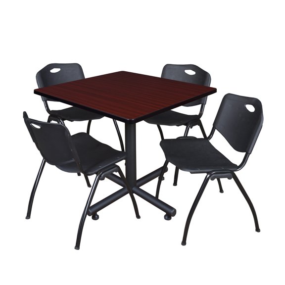 Romig Axis-Pro 36 in. Square X-Base Breakroom Table- Mahogany, 4 M Stack Chairs- Black