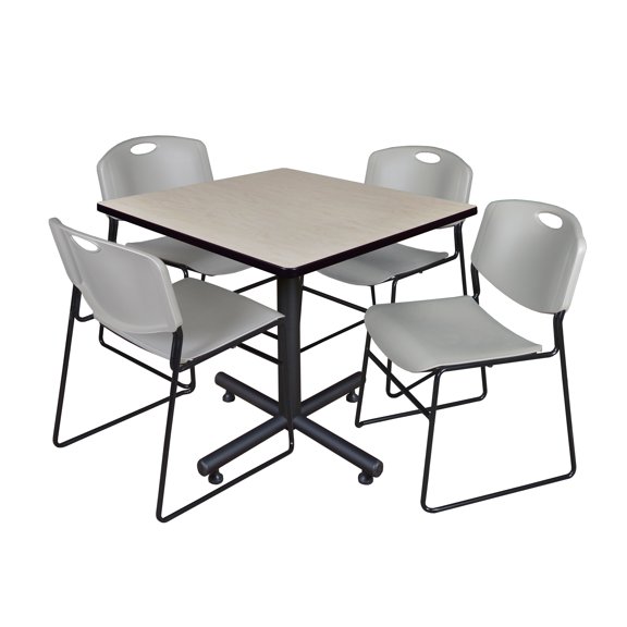 Romig Axis-Pro 36 in. Square X-Base Breakroom Table- Maple, 4 Zeng Stack Chairs- Grey
