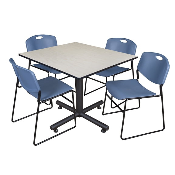 Romig Axis-Pro 48 in. Square Breakroom Table- Maple, 4 Zeng Stack Chairs- Blue