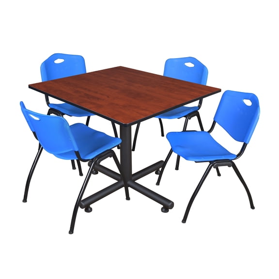 Romig Axis-Pro 48 in. Square X-Base Breakroom Table- Cherry, 4 M Stack Chairs- Blue