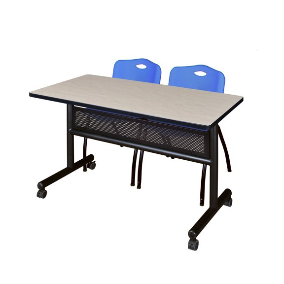 Romig Axis-Pro 48 x 24 in. Flip-Top Privacy Nesting Table- Maple, 2 M Stack Chairs- Blue
