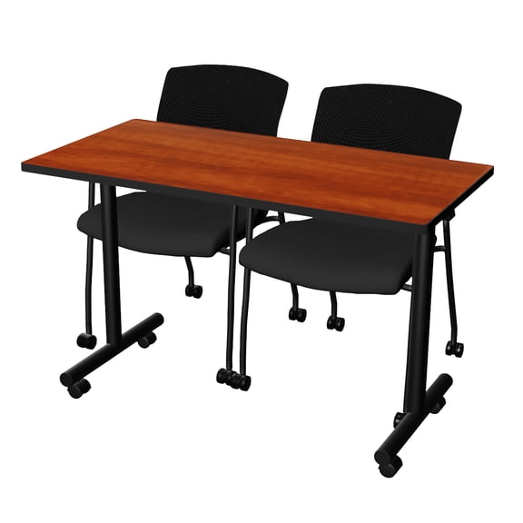 Romig Axis-Pro 48 x 24 in. Mobile T-Base Training Seminar Table- Cherry, 2 Knight Mesh Chairs