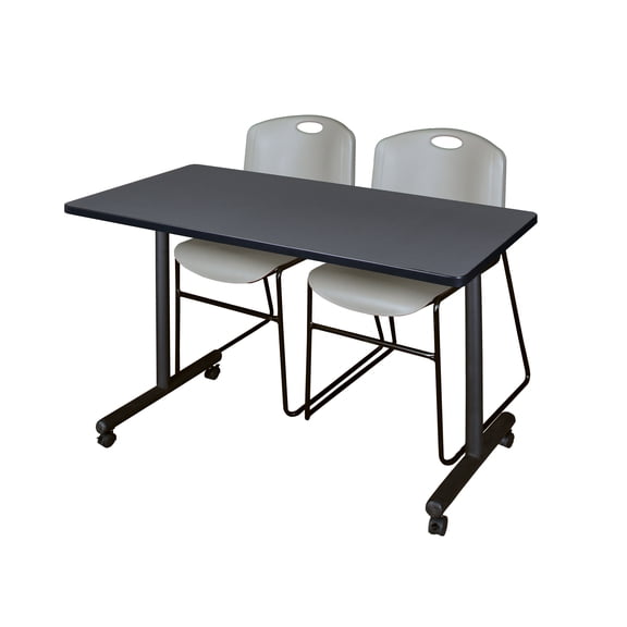 Romig Axis-Pro 48 x 24 in. Mobile T-Base Training Table- Grey, 2 Zeng Stack Chairs- Grey