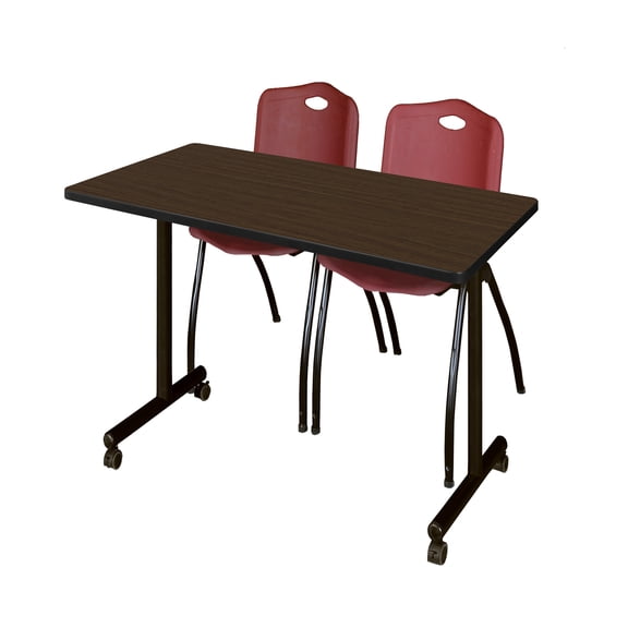 Romig Axis-Pro 48 x 24 in. Mobile T-Base Training Table- Neo Walnut, 2 M Stack Chairs- Burgundy