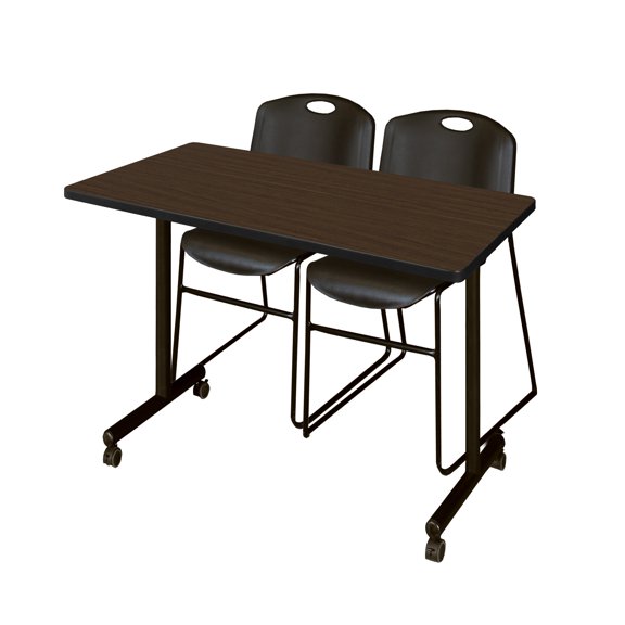 Romig Axis-Pro 48 x 24 in. Mobile T-Base Training Table- Neo Walnut, 2 Zeng Stack Chairs- Black