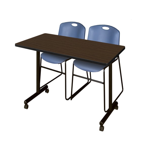 Romig Axis-Pro 48 x 24 in. Mobile T-Base Training Table- Neo Walnut, 2 Zeng Stack Chairs- Blue