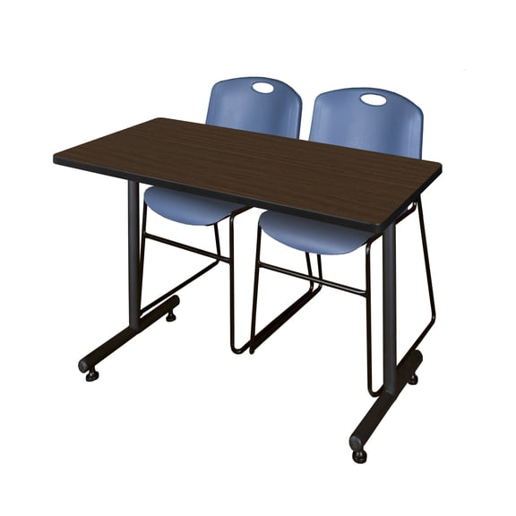 Romig Axis-Pro 48 x 24 in. T-Base Training Seminar Table- Neo Walnut, 2 Zeng Stack Chairs- Blue