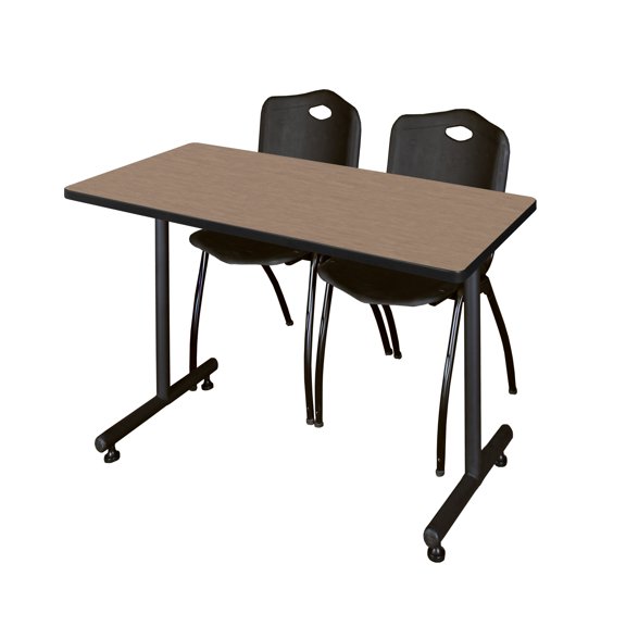 Romig Axis-Pro 48 x 24 in. T-Base Training Seminar Table- Noble Oak, 2 M Stack Chairs- Black