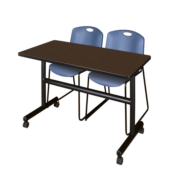 Romig Axis-Pro 48 x 30 in. Flip-Top Training Nesting Table- Neo Walnut, 2 Zeng Stack Chairs- Blue