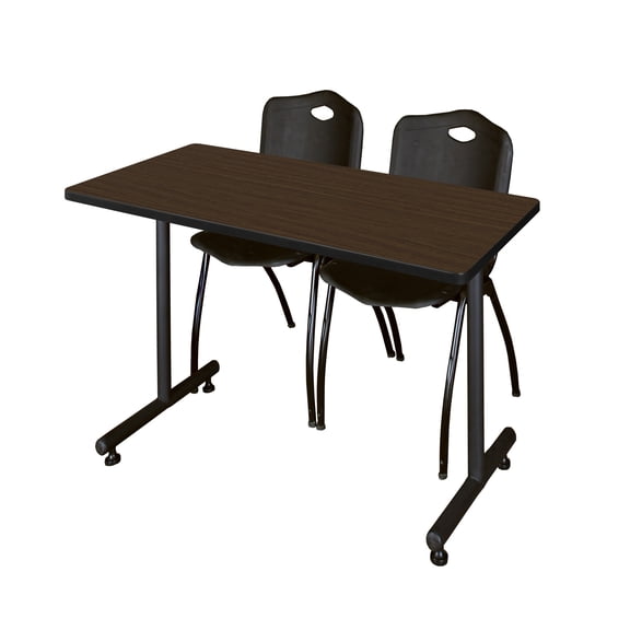 Romig Axis-Pro 48 x 30 in. T-Base Training Seminar Table- Neo Walnut, 2 M Stack Chairs- Black