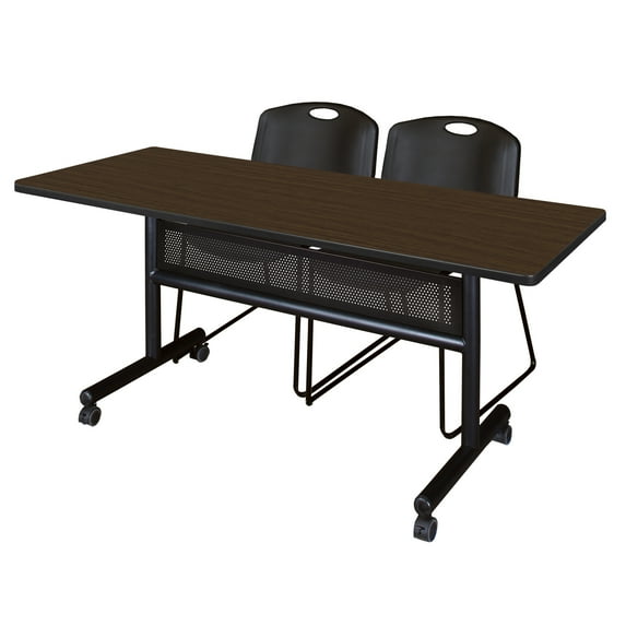 Romig Axis-Pro 60 x 30 in. Flip-Top Privacy Nesting Table- Neo Walnut, 2 Zeng Stack Chairs- Black
