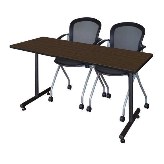 Romig Axis-Pro 66 x 24 in. T-Base Training Seminar Table- Neo Walnut, 2 Cadence Nesting Chairs
