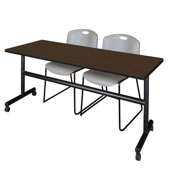 Romig Axis-Pro 72 x 24 in. Flip-Top Training Nesting Table- Neo Walnut, 2 Zeng Stack Chairs- Grey