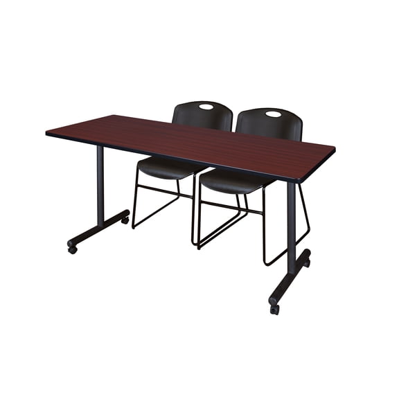 Romig Axis-Pro 72 x 24 in. Mobile T-Base Training Table- Mahogany, 2 Zeng Stack Chairs- Black