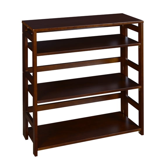 Romig Flip Flop 34 in 3 Shelf High Folding, No Tools Assembly, Wood Bookcase- Mocha Walnut