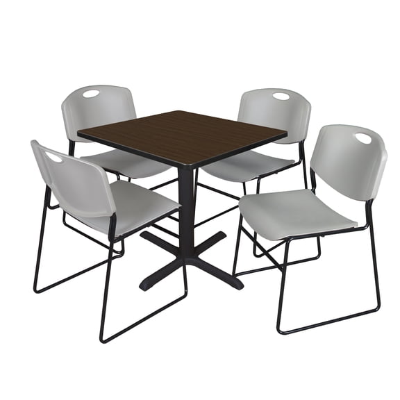 Romig Pillar 30 in. Square Breakroom Table- Neo Walnut & 4 Zeng Stack Chairs- Grey