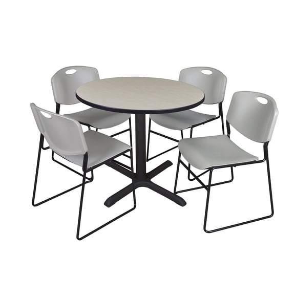 Romig Pillar 36 in. Round X-Base Breakroom Table- Maple & 4 Zeng Stack Chairs- Grey