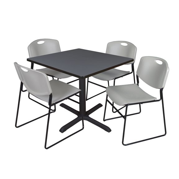 Romig Pillar 36 in. Square X-Base Breakroom Table- Grey & 4 Zeng Stack Chairs- Grey