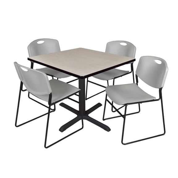 Romig Pillar 36 in. Square X-Base Breakroom Table- Maple & 4 Zeng Stack Chairs- Grey