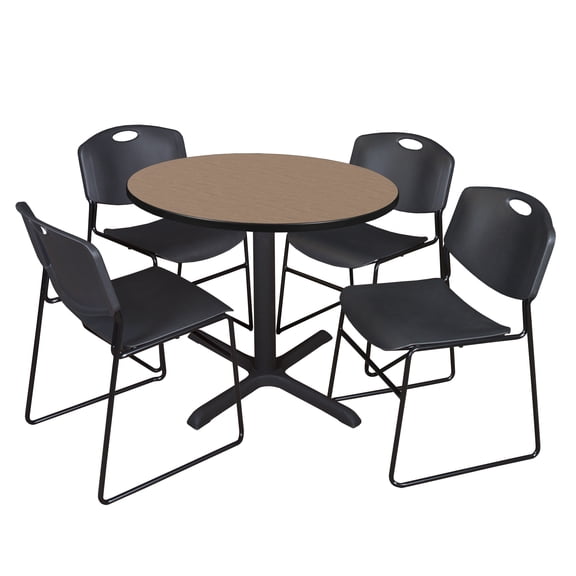 Romig Pillar 42 in. Round Breakroom Table- Noble Oak & 4 Zeng Stack Chairs- Black