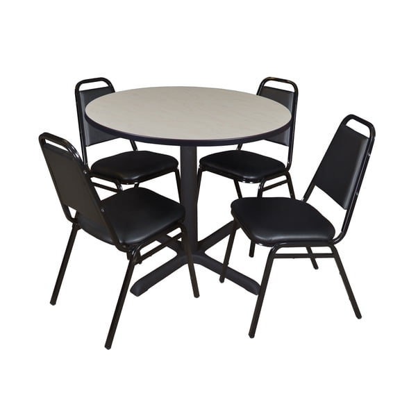 Romig Pillar 42 in. Round X-Base Breakroom Table- Maple & 4 Restaurant Stack Chairs- Black