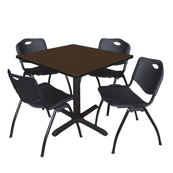 Romig Pillar 42 in. Square Breakroom Table- Neo Walnut & 4 M Stack Chairs- Black
