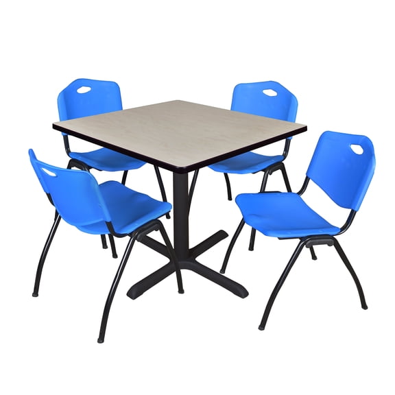 Romig Pillar 42 in. Square X-Base Breakroom Table- Maple & 4 M Stack Chairs- Blue