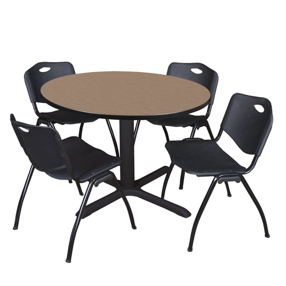 Romig Pillar 48 in. Round Breakroom Table- Noble Oak & 4 M Stack Chairs- Black