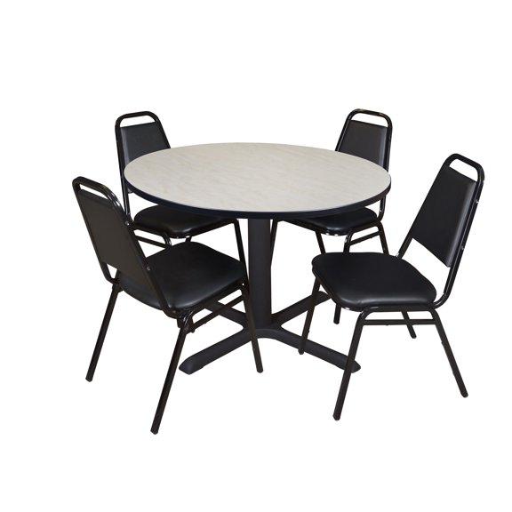 Romig Pillar 48 in. Round X-Base Breakroom Table- Maple & 4 Restaurant Stack Chairs- Black