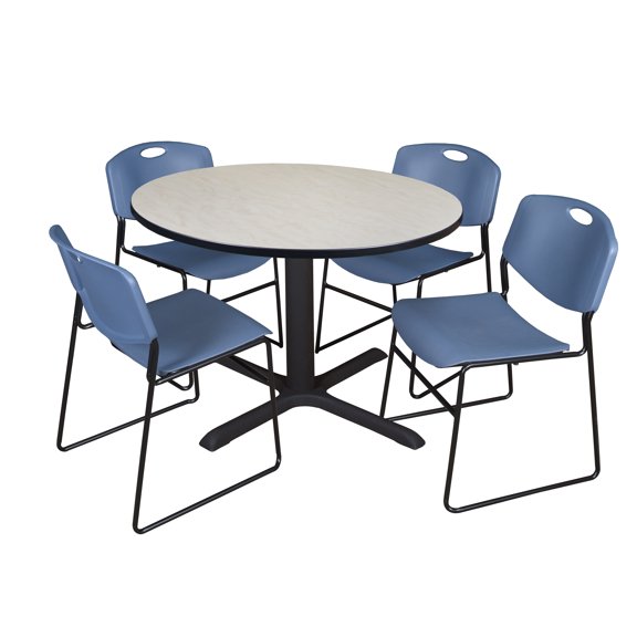 Romig Pillar 48 in. Round X-Base Breakroom Table- Maple & 4 Zeng Stack Chairs- Blue