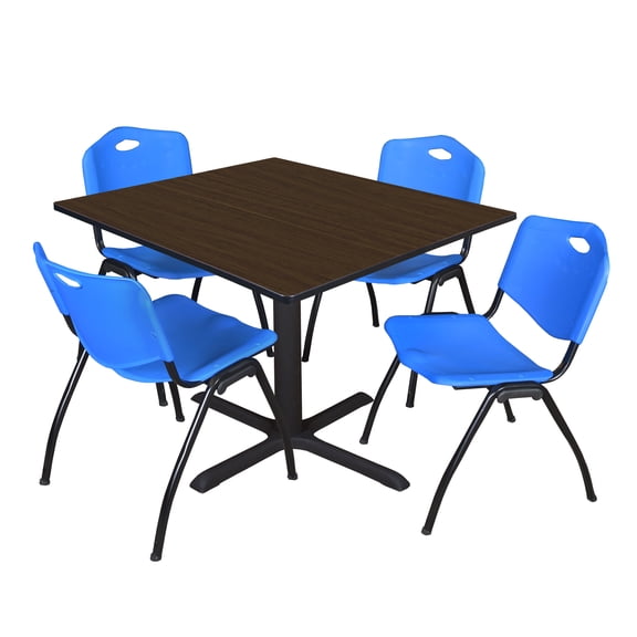 Romig Pillar 48 in. Square Breakroom Table- Neo Walnut & 4 M Stack Chairs- Blue